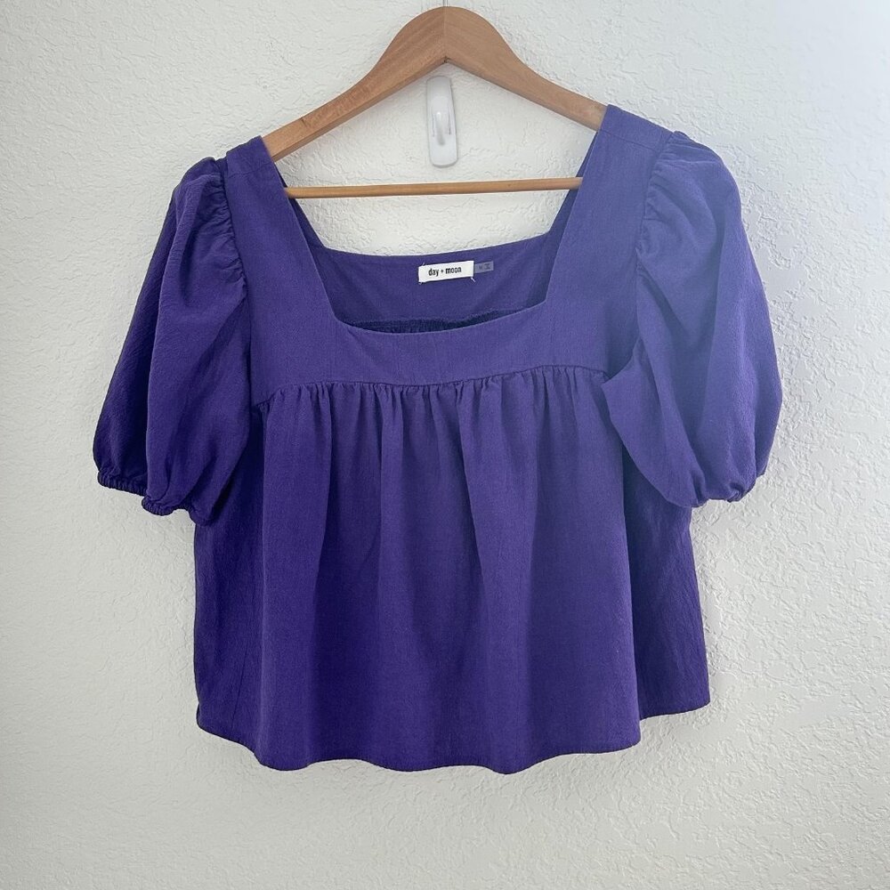 Day‎ + Moon Cropped Blouse Womens M Purple Cotton Puff Sleeve Square Neck Whimsy